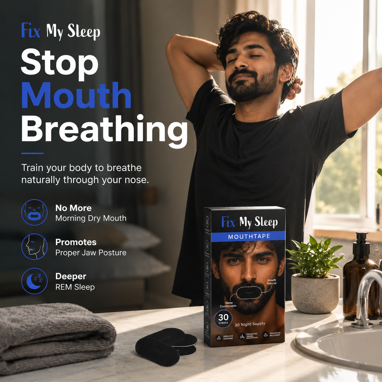 A man stretching in the morning next to a box of Fix My Sleep mouthtape